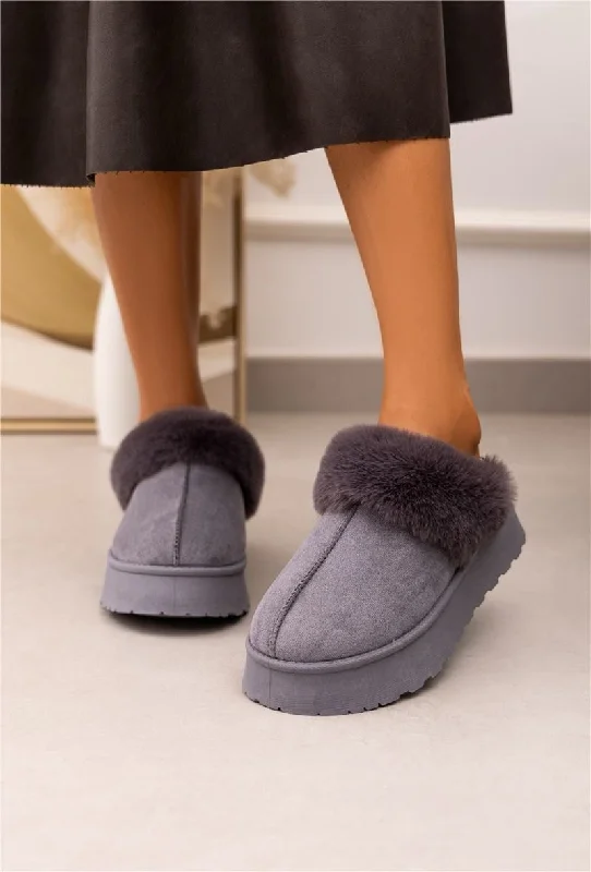 ULTRA MINI PLATFORM FLUFFY FURR ANKLE SLIPPERS IN GREY