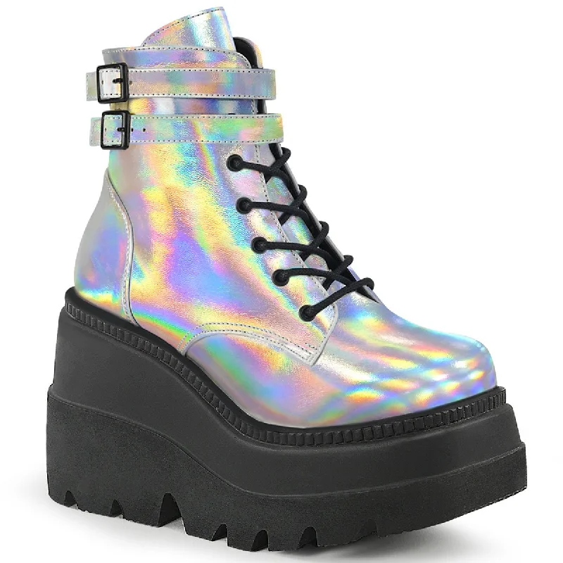 Demonia SHAKER-52 | Silver Holographic Vegan Leather Ankle Boots