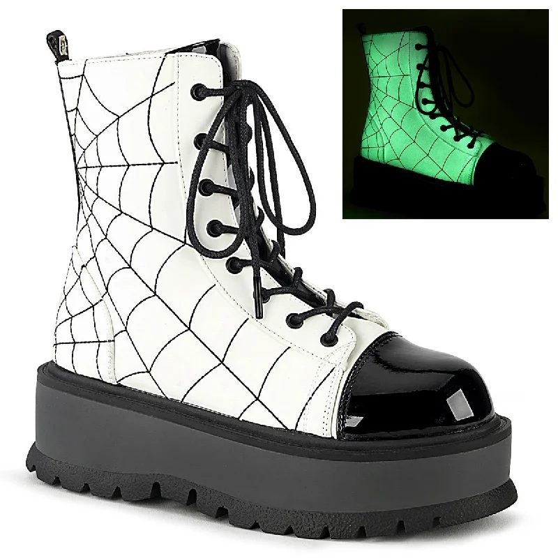 Demonia SLACKER-88 | White Black Glow Vegan Patent Leather Boots