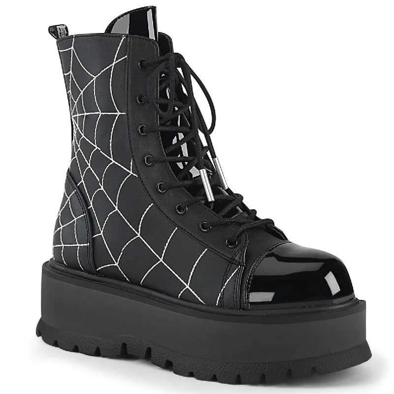 Demonia SLACKER-88 | Black Vegan Leather & Patent Ankle Boots