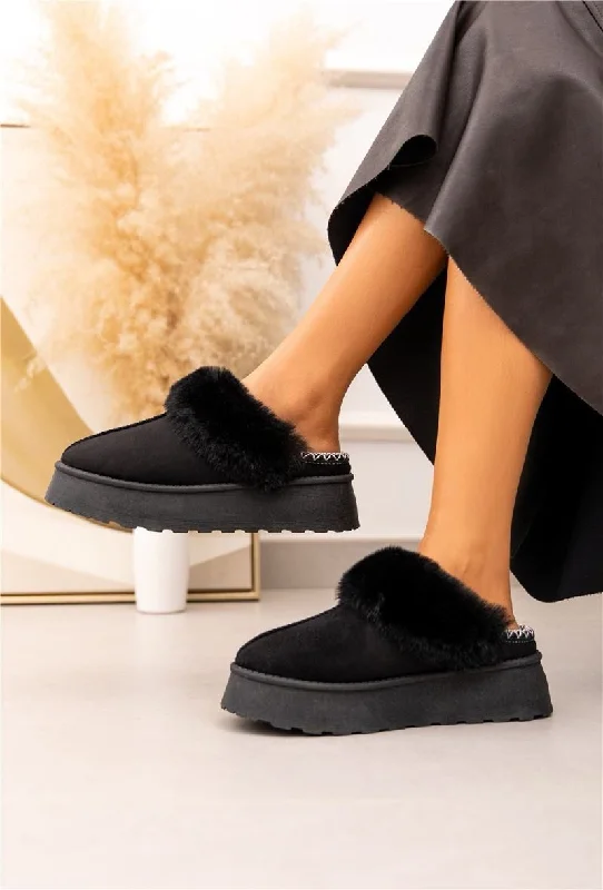 ULTRA MINI PLATFORM FLUFFY FURR ANKLE SLIPPERS IN BLACK