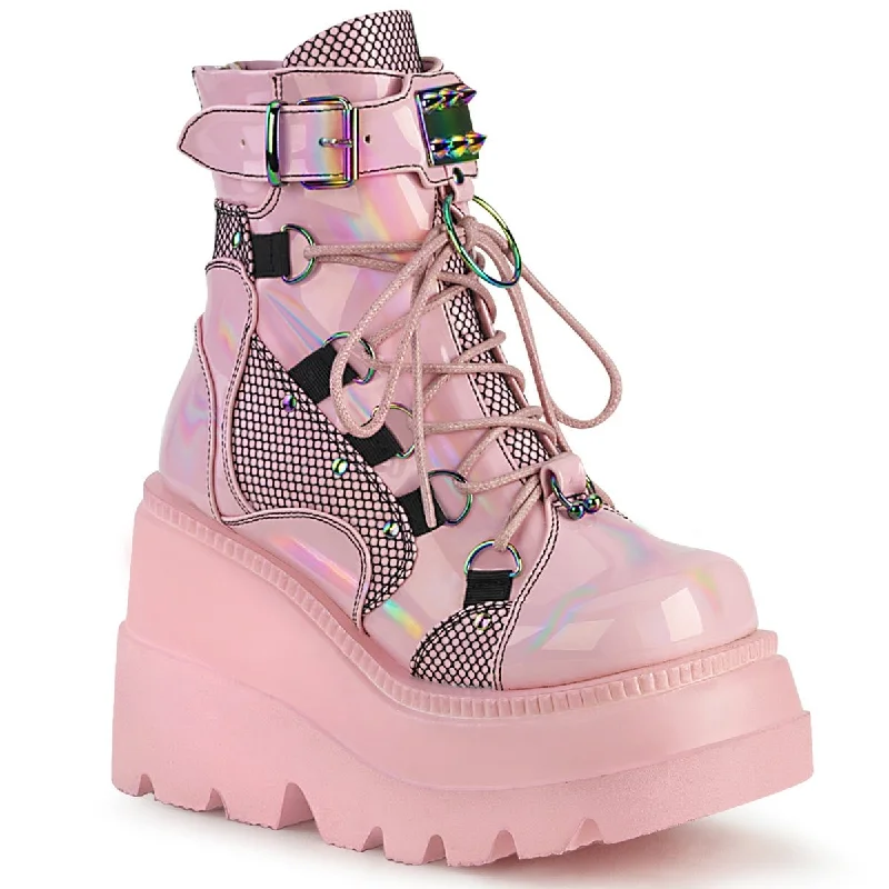 Demonia SHAKER-60 | Baby Pink Hologram Ankle Boots