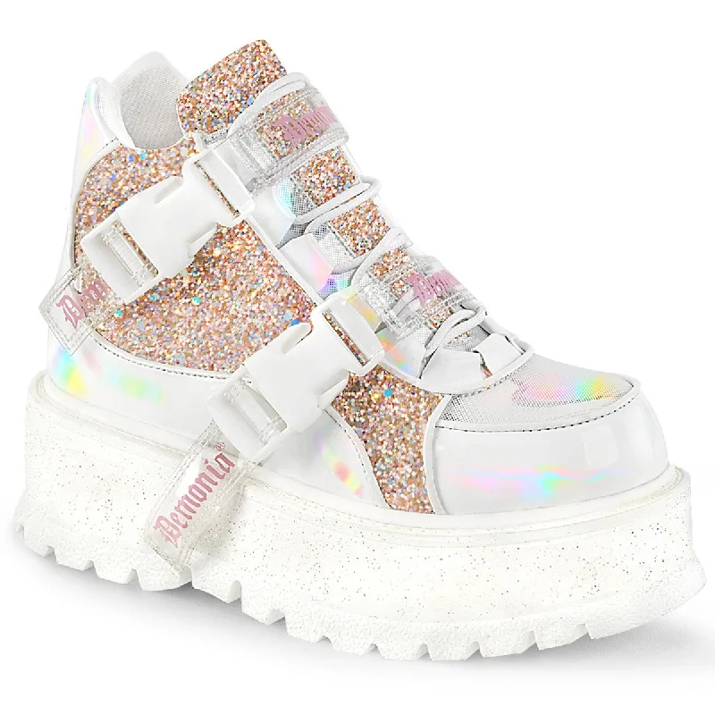 Demonia SLACKER-50 | White Pink Holo Patent Glitter Ankle Boots