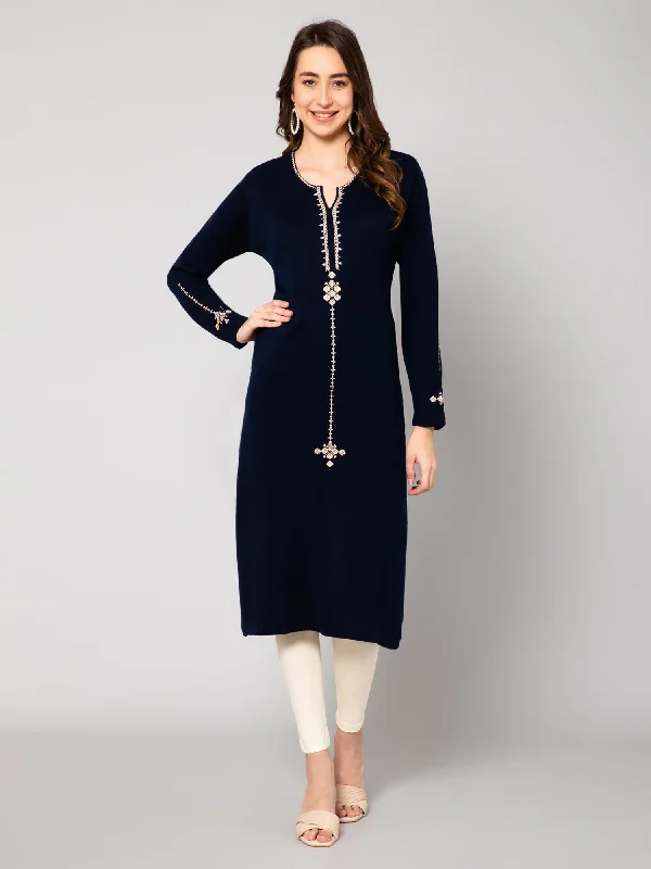 Women's Casual Round neck Navy Blue Embroidered Calf length Knit Kurti