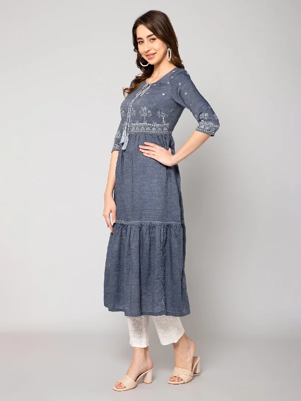 Women's Round Neck with Tie Up Denim Blue Embroidered Calf Length Kurti