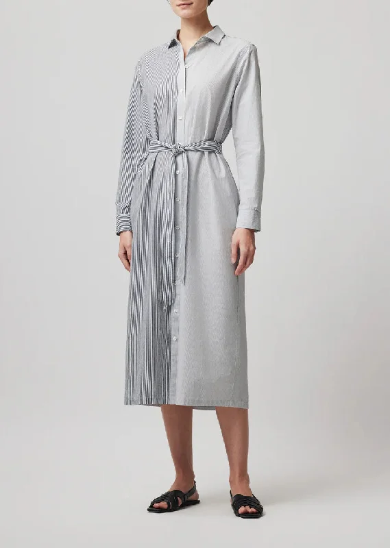 Mixed Stripe Shirting Belted Shirt Dress - Chalk-Ink