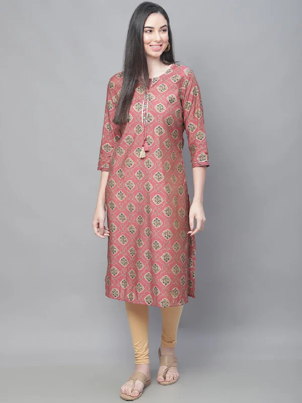 Women's Casual Round neck Pinkmix All over Printed Knee length Kurti