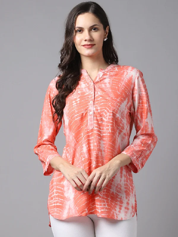 Women's Casual  Pink Tie dye print Mandarin Collar Tunic