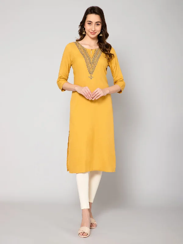 Women's Casual Round Neck With Keyhole Yellow Embroidered Calf length Kurti