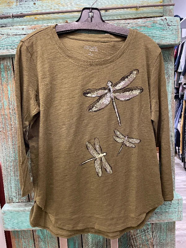 3/4 Sleeve Hi-Low Slub Tee Dragonflies in Olive by Escape