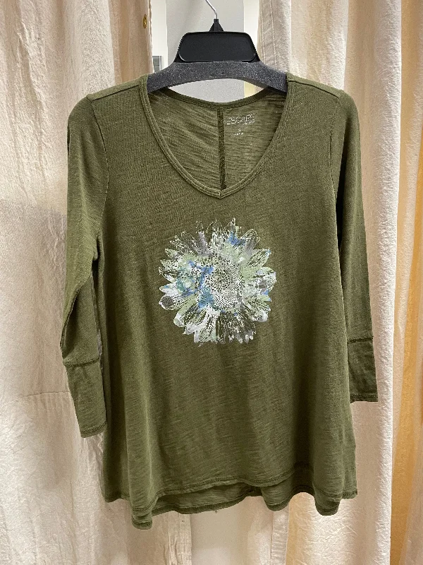 V-Neck Tunic 3/4 Sleeve Slub Tee Stamp Flower in Olive by Escape