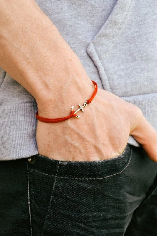 Silver anchor men's bracelet, red bracelet, beach skipper jewelry for men