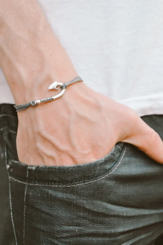 Gray cord bracelet for men with silver hook charm, gift for him