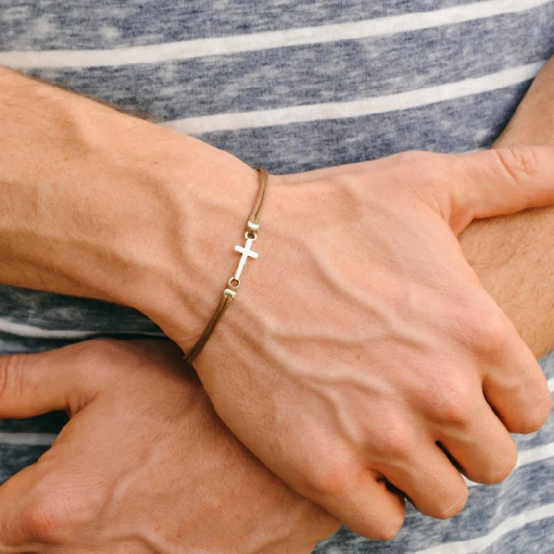 Men's bracelet with a silver cross pendant, brown cord, Christian gift for man