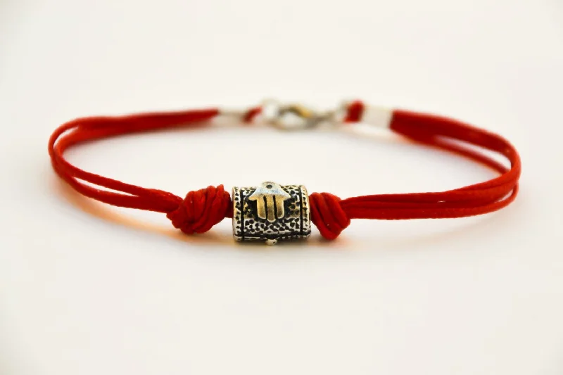 Hamsa bracelet for men, red string, Jewish gift for Israel, Hand and fish on silver bead