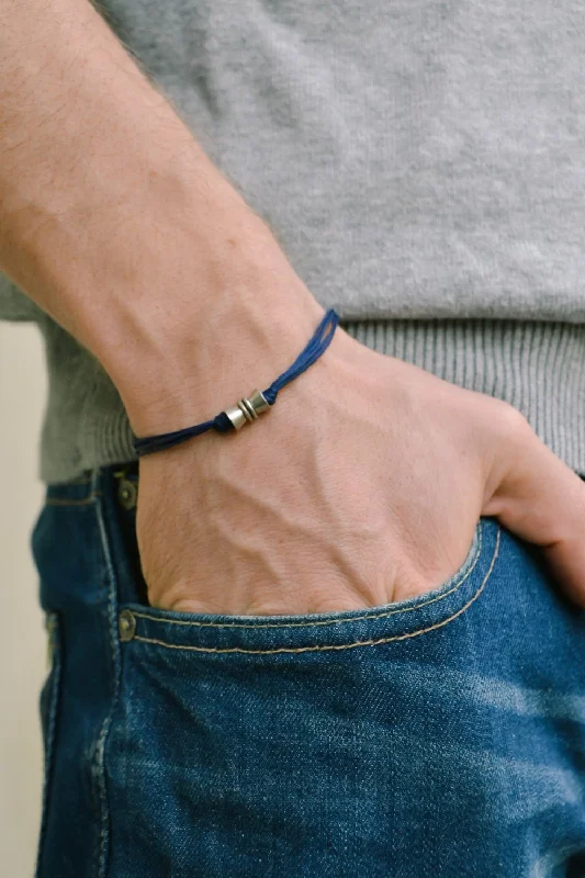 Men's bracelet with a silver bead charm and a blue cord, gift for him