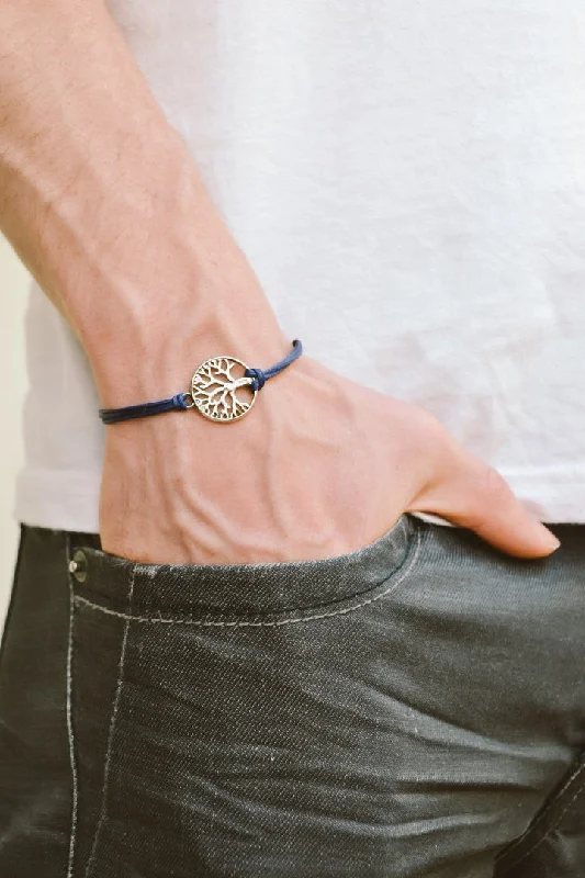 Tree of life men's bracelet, blue cord, Yoga gift for him, silver circle charm