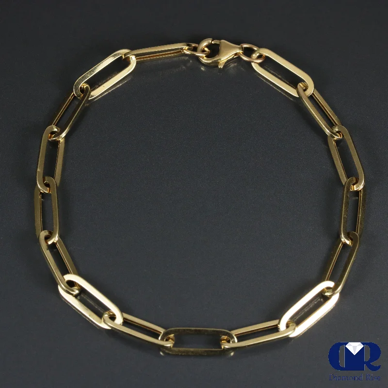 Women's 14K Yellow Gold Paper Clip Tennis Chain Bracelet Hollow Inside 7"