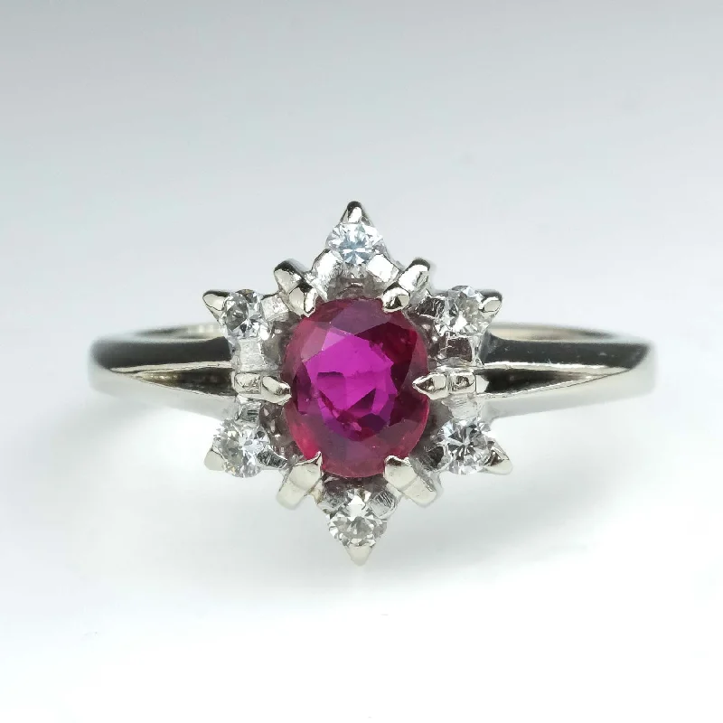 0.45ct Natural Ruby & Diamond Accented Vintage Halo Ring in 14K White Gold