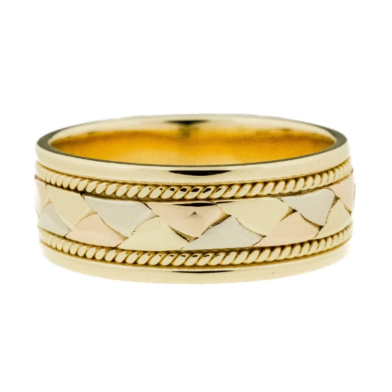 7.75mm Wide Gold Band Ring in 14K Tri-Tone Gold - Size 9