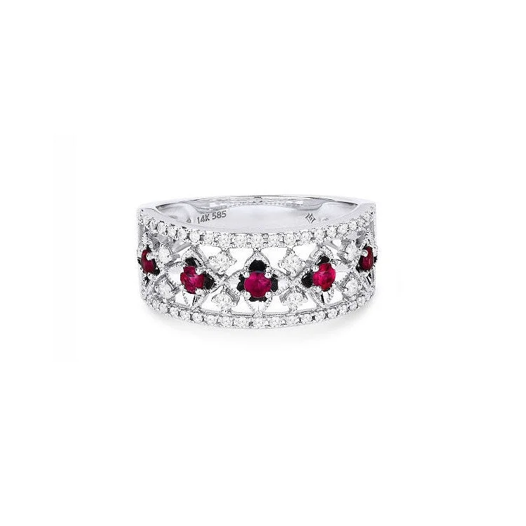 LaViano Fashion 14K White Gold Ruby and Diamond Clover Ring