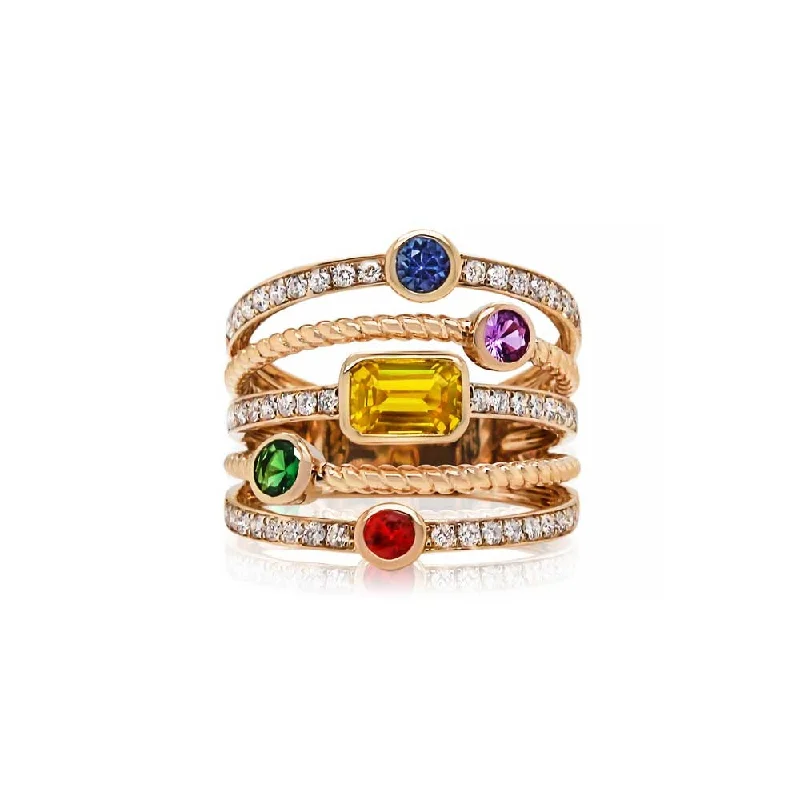 LaViano Fashion 14K Yellow Gold Multi Colored Sapphire and Diamond Ring