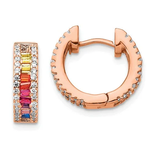 Prizma™ Rainbow CZ Rose Gold Plated Hinged Hoop Earrings