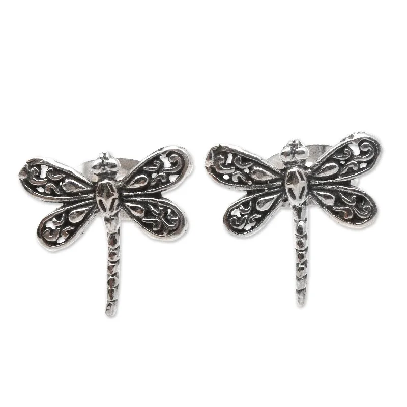 NOVICA Dragonfly Intricacy, Sterling silver stud earrings - 0.4" L x 0.4" W x 0.1" D