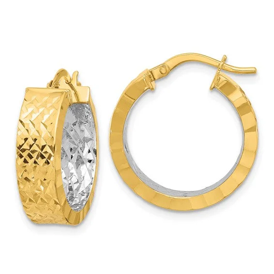 Two Tone 14K Diamond Cut Hoop Earrings in 14K White and Yellow Gold