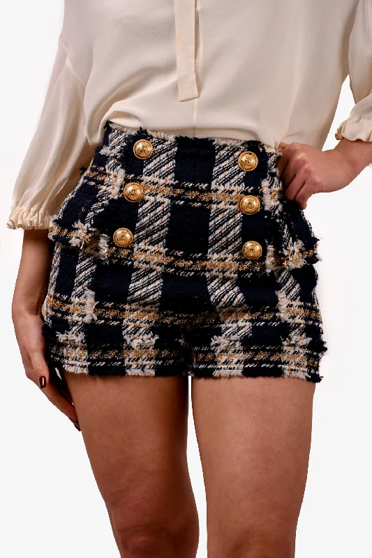 Balmain Navy Blue/Gold Houndstooth Wool High Waisted Shorts Size 36