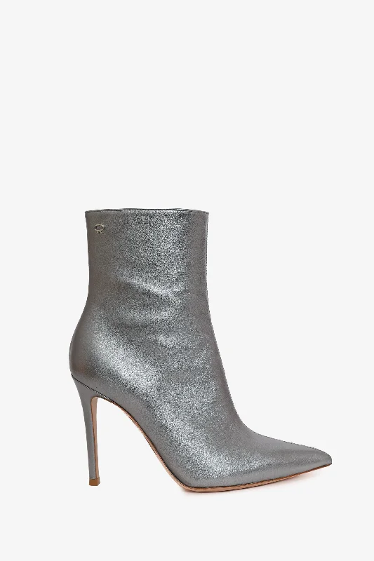 Gianvito Rossi Silver Metallic Leather Ankle Boots Size 40