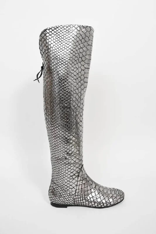 Giuseppe Zanotti Silver Metallic Croc Embossed Over The Knee Boots Size 36