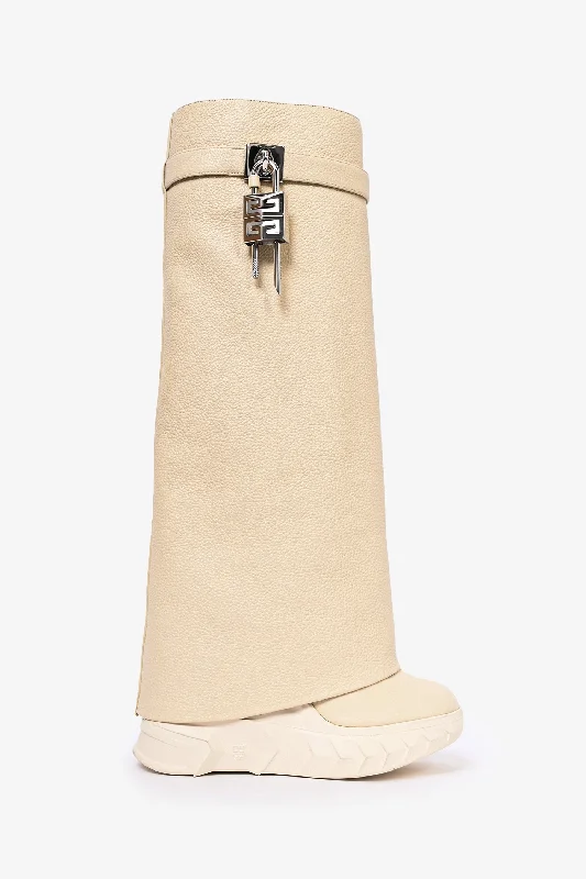 Givenchy Cream Grained Leather 'Shark Lock Biker' Tall Boots Size 36