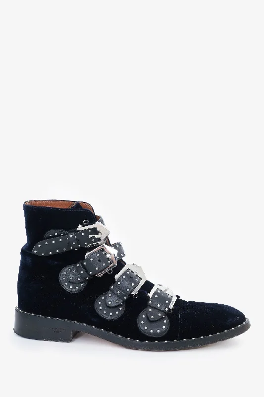 Givenchy Navy Velvet Studded Buckle Boot Size 9