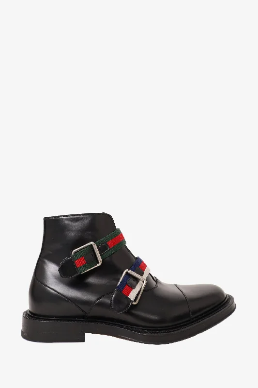 Gucci Black Leather Beyond Web Accent Boots Size 7.5