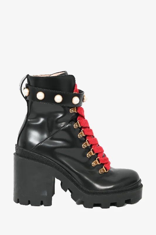 Gucci Black Leather Faux Pearl Accent Lace-Up Heeled Combat Boots Size 37.5