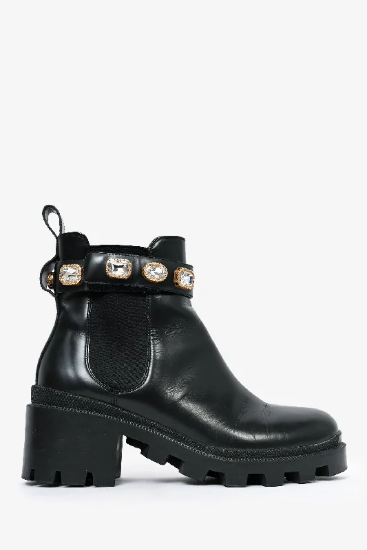 Gucci Black Leather GG Crystal Embellished Ankle Boots Size 38.5