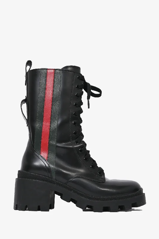 Gucci Black Leather Web Accent Combat Boots Size 35