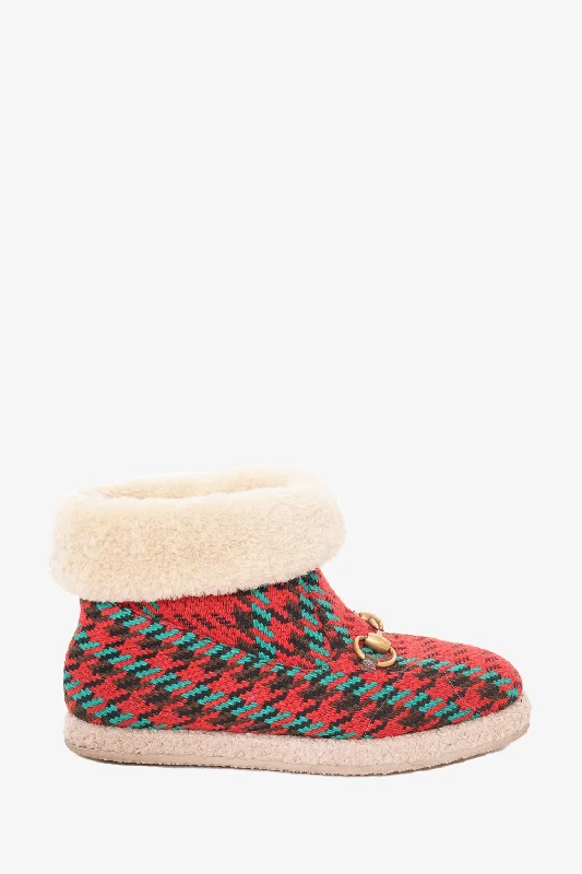 Gucci Red/Green Houndstooth Print Shearling Trim Boots with Horsebit Size 35