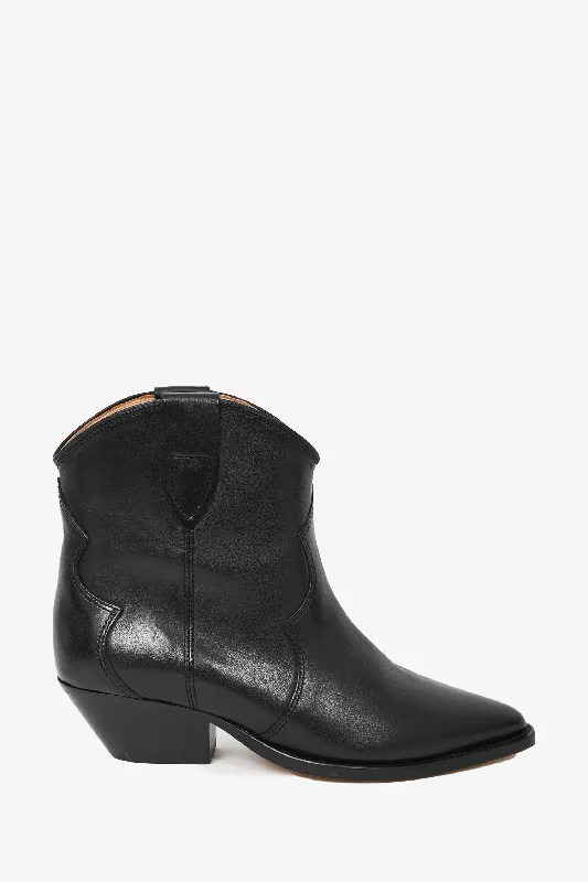 Isabel Marant Black Leather Western Ankle Boots Size 38