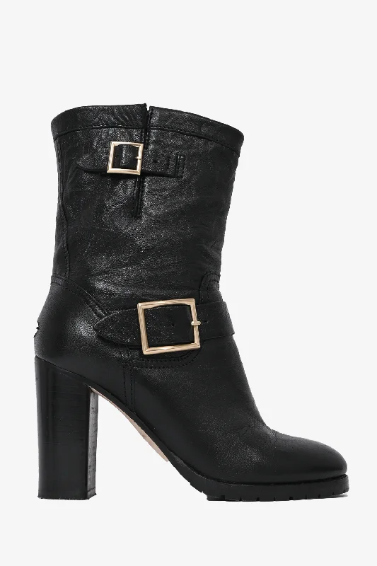 Jimmy Choo Black Leather Crinkled Block Heel Boot Size 38.5