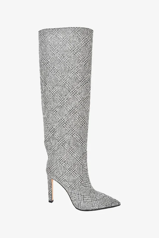 Jimmy Choo Silver Houndstooth Glitter Mavis 100 Knee High Boots Size 37