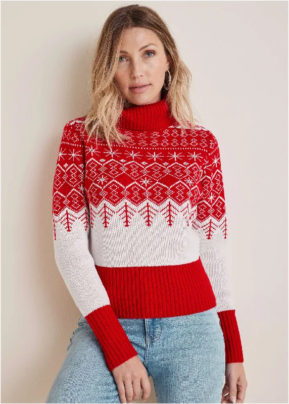 Embellished Holiday Sweater - Red Snowflake Multi