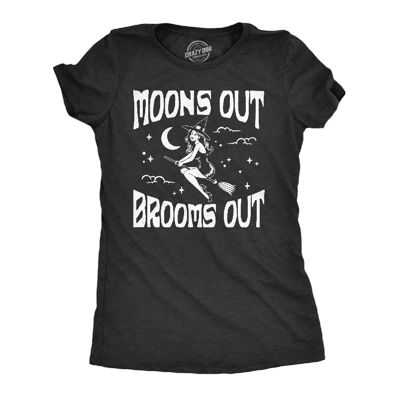 Womens Moons Out Brooms Out T Shirt Funny Halloween Witch Flying Broomstick Joke Tee For Ladies