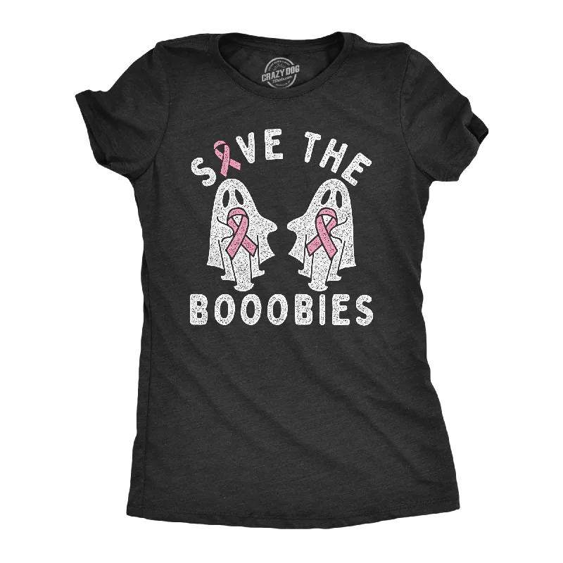 Womens Save The Booobies T Shirt Awesome Halloween Breast Cancer Awareness Ghost Tee For Ladies