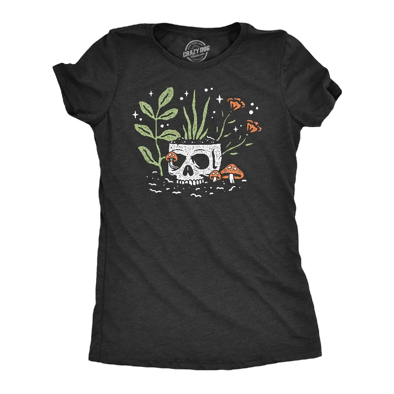 Womens Skull Flowers T Shirt Funny Spooky House Plant Horticulture Lovers Tee For Ladies