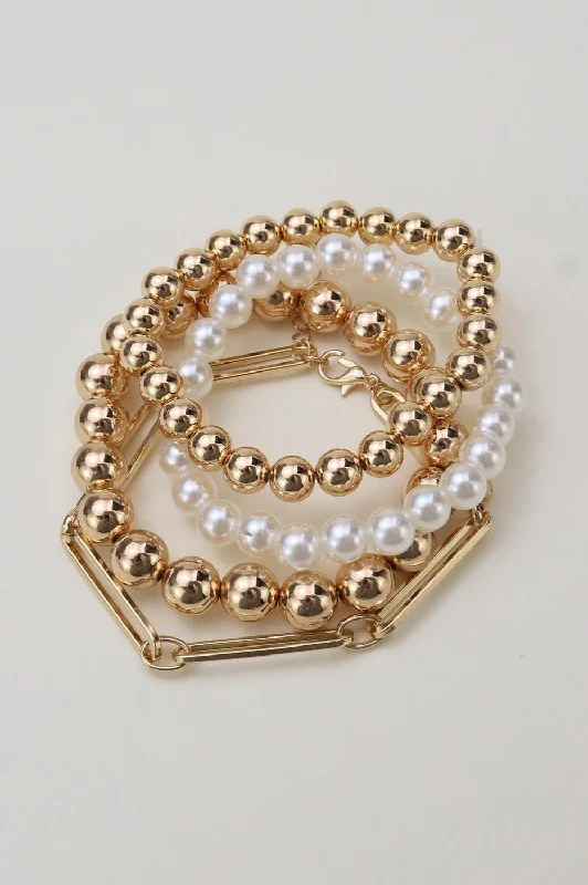 CB2164 Pearl Bead Metal Link Bracelet Set