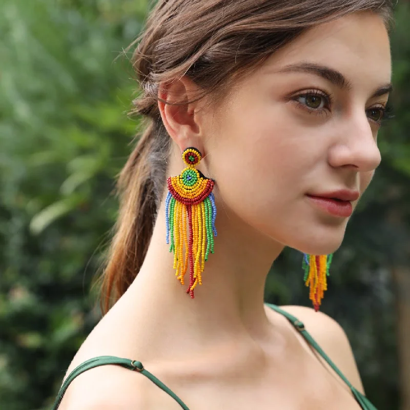 Luxy Moon Bohemian Rainbow Beaded Long Tassel Earrings For Women