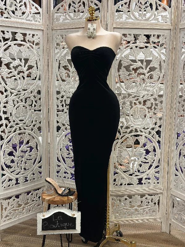 Black Velvet Rhinestone Lined Formal Dress- Stretchy,Estira