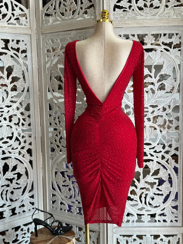 Bright Red Rhinestone Boat Neck Dress- Stretchy,Estira